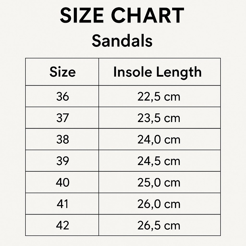 4. Size chart for TOKU Rome Vegan Sandals, showing sizes 36 to 42 with insole lengths in cm