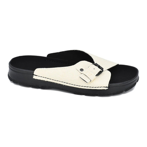 2. Studio image of TOKU Rome Vegan Sandal in white with black sole, featuring adjustable strap
