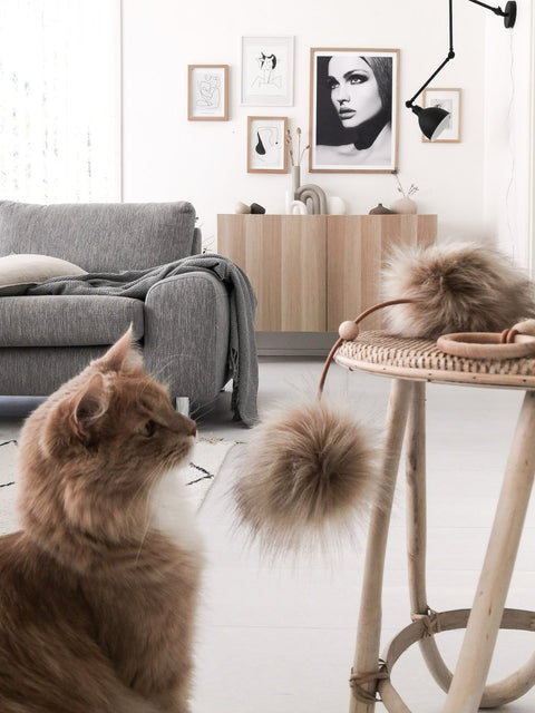 1. Cat playing with Labbvenn Tollo cat toy featuring faux fur balls in a modern living room