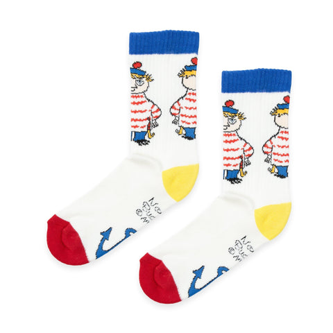 1. Too-Ticky men's retro socks by Moomin in white with colorful character design, shown in studio