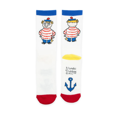 2. Studio image of Moomin by NordicBuddies Too-Ticky men's retro socks with red, blue, and yellow accents