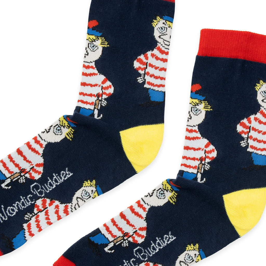 3. Close-up of Too-Ticky men's socks by Moomin, highlighting character design and NordicBuddies logo on dark blue fabric