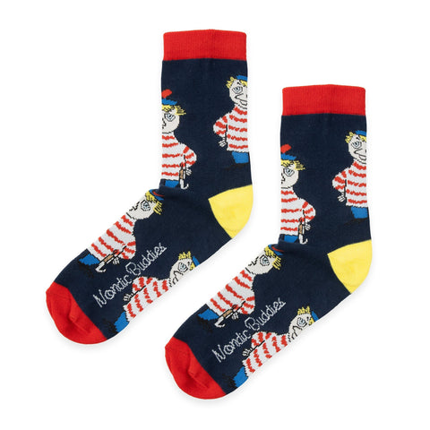 1. Too-Ticky men's socks by Moomin in dark blue with red and yellow accents, featuring playful character design, shown in flat lay