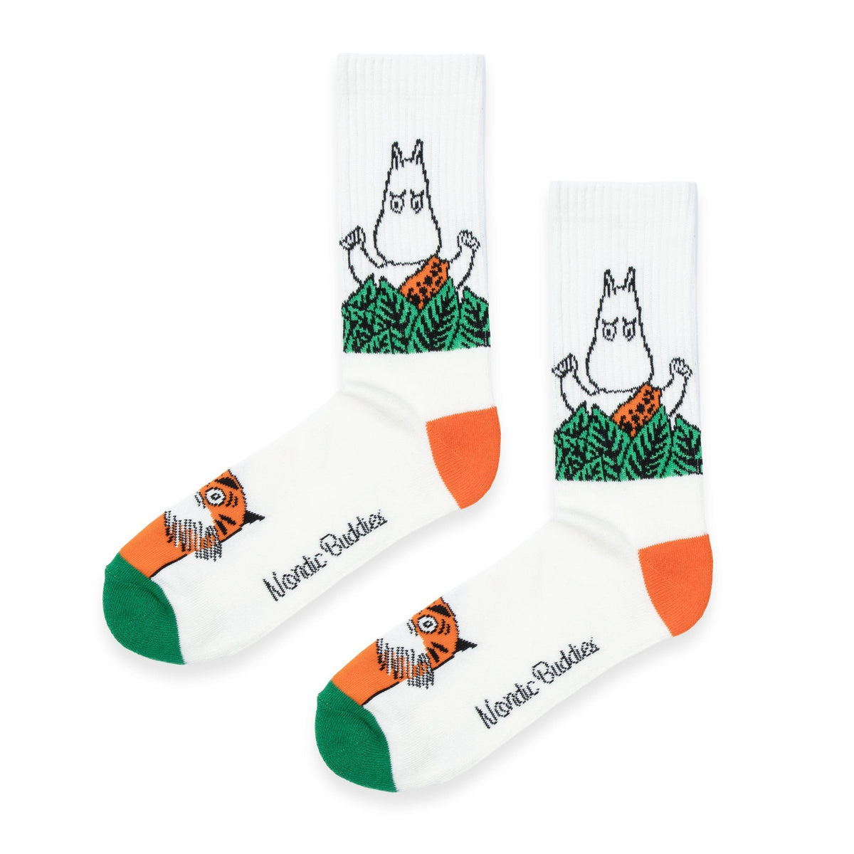 2. Studio image of Moomin Jungle men's retro socks in white with green and orange jungle design