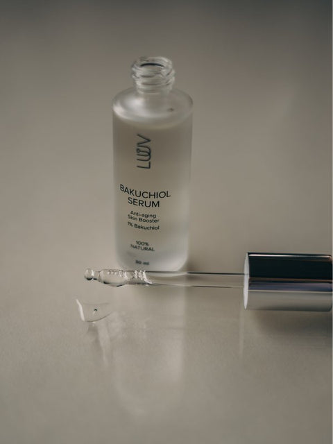 2. Open bottle of LUUV Anti-Aging Bakuchiol Serum with dropper, highlighting product texture