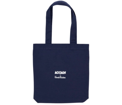 2. Back view of Moominpappa at Sea tote bag in navy blue showing Moomin by NordicBuddies branding