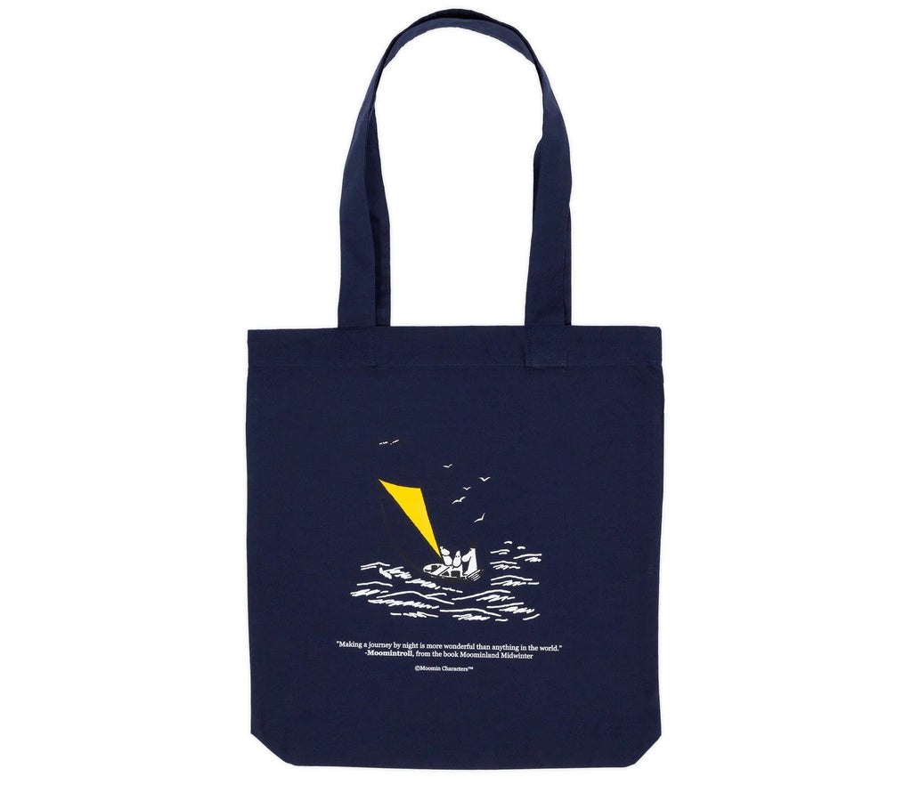 1. Moominpappa at Sea tote bag in navy blue with Moomin illustration and quote, made from heavy cotton