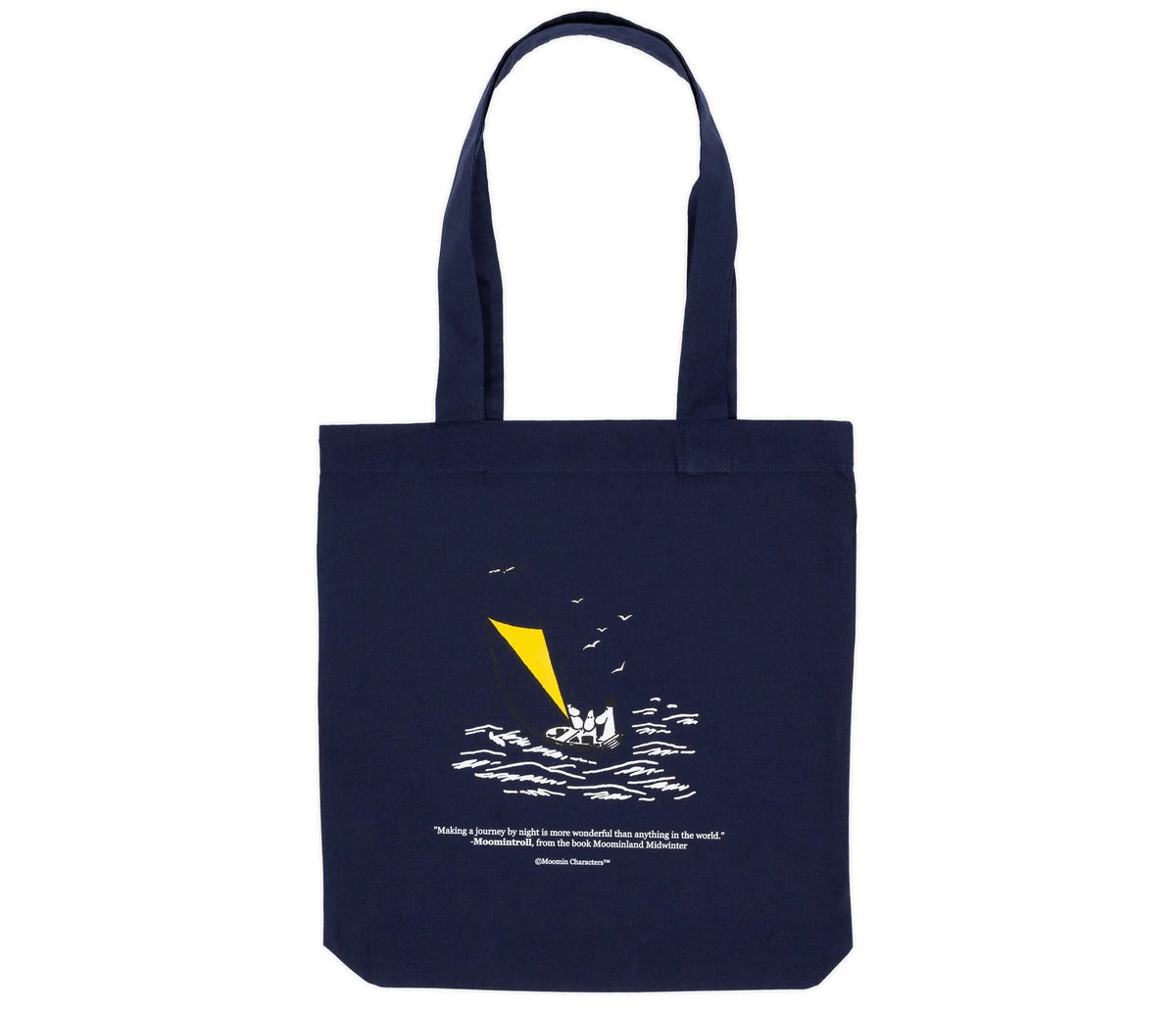 1. Moominpappa at Sea tote bag in navy blue with Moomin illustration and quote, made from heavy cotton