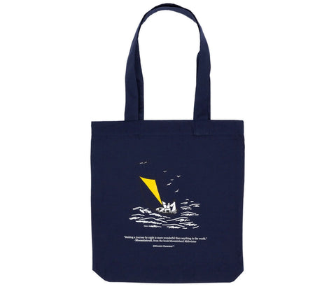 1. Moominpappa at Sea tote bag in navy blue with Moomin illustration and quote, made from heavy cotton