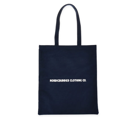 2. Back view of navy blue Moomin by NordicBuddies tote bag with NordicBuddies Clothing Co. text