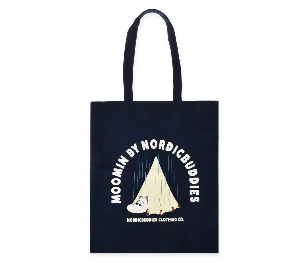 1. Moomin by NordicBuddies navy blue tote bag featuring Moomintroll camping design, made from 100% heavy cotton