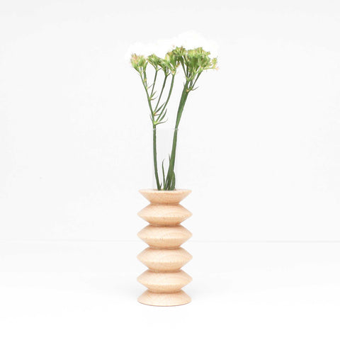 3. Studio shot of Totem Wooden Vase - Medium Nº 2 by 5mm Paper, featuring beech wood base and glass tube with flowers