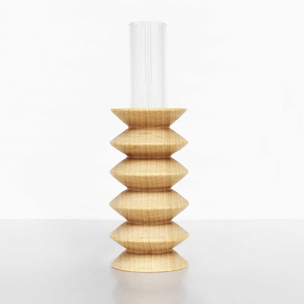 4. Close-up of Totem Wooden Vase - Medium Nº 2 by 5mm Paper, highlighting beech wood craftsmanship and glass tube