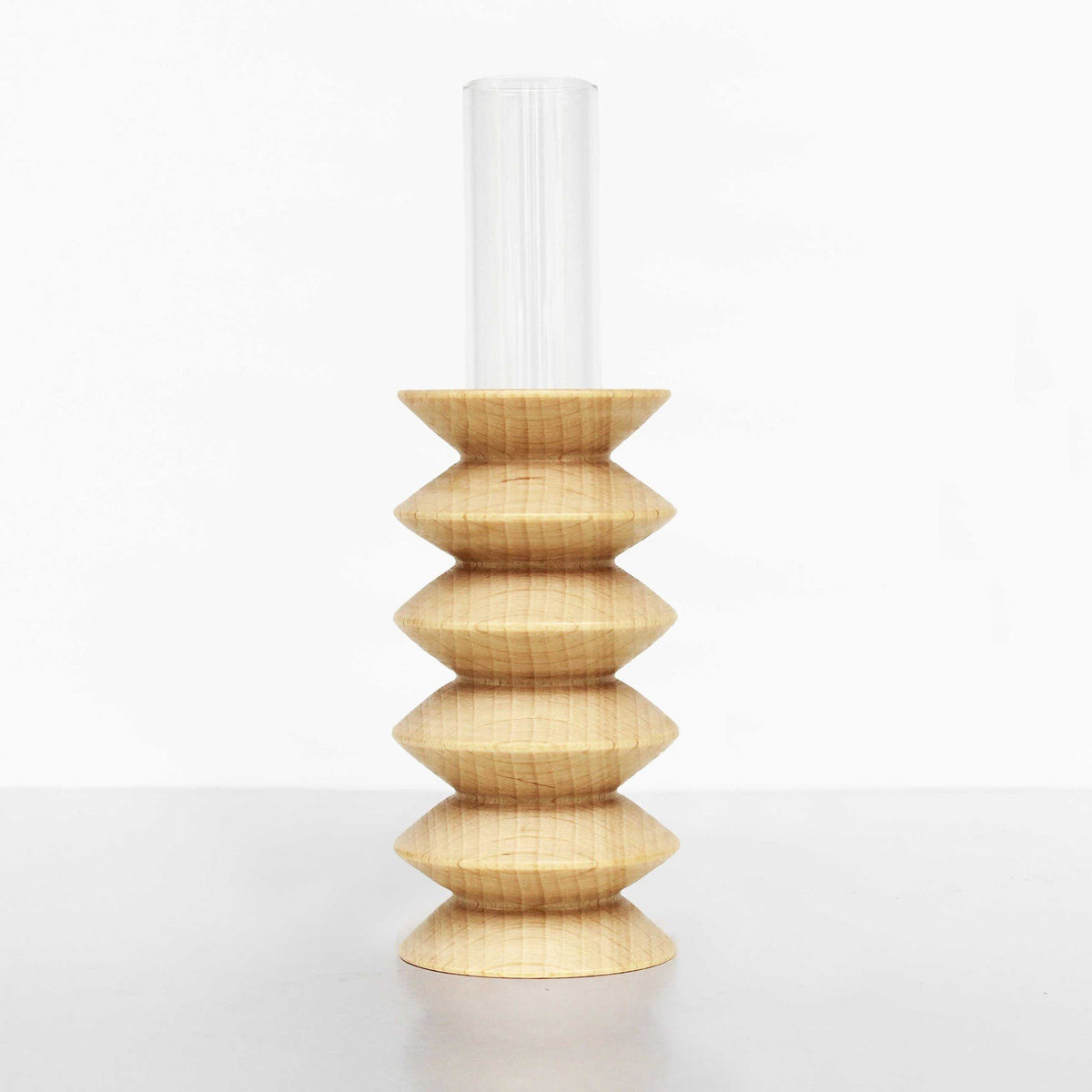 4. Close-up of Totem Wooden Vase - Medium Nº 2 by 5mm Paper, highlighting beech wood craftsmanship and glass tube