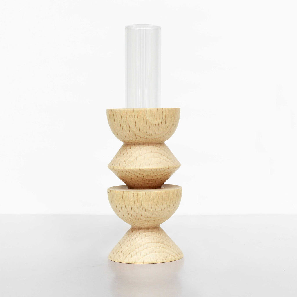 5. Studio image of Totem Wooden Vase - Medium Nº 3 by 5mm Paper, featuring beech wood base and glass tube