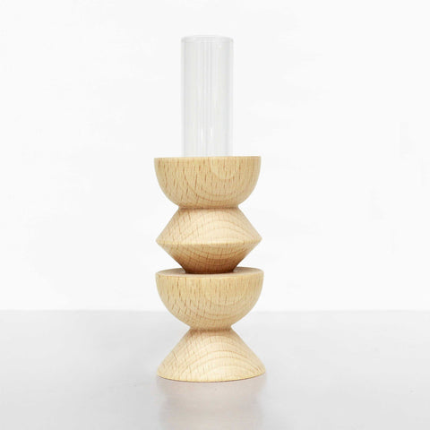 5. Studio image of Totem Wooden Vase - Medium Nº 3 by 5mm Paper, featuring beech wood base and glass tube