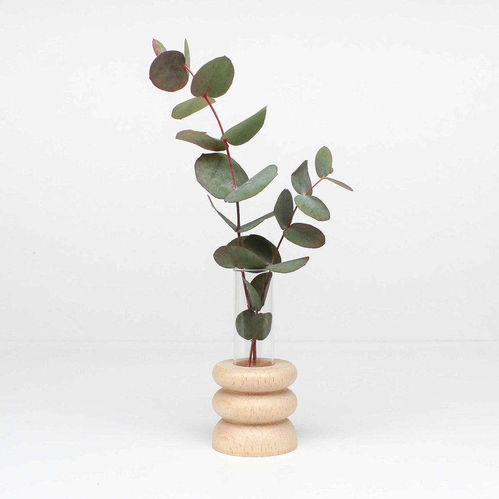3. Totem Wooden Vase - Short Nº 1 by 5mm Paper with eucalyptus in a studio setting