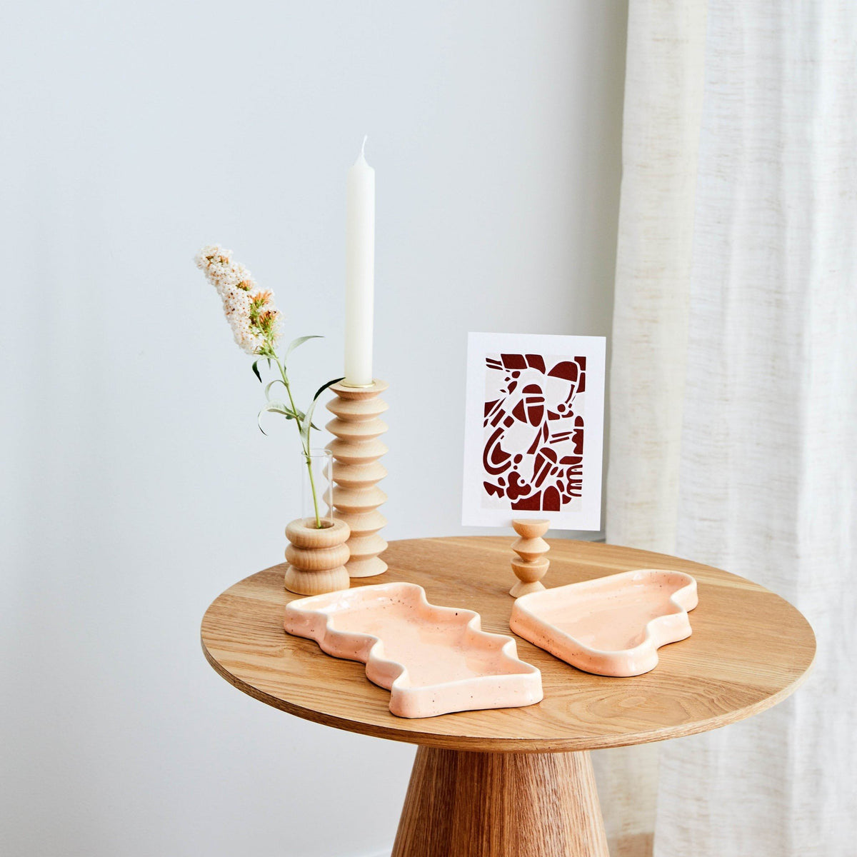 1. Totem Wooden Vase - Short Nº 1 by 5mm Paper styled with matching candle holder and picture stand on a wooden table