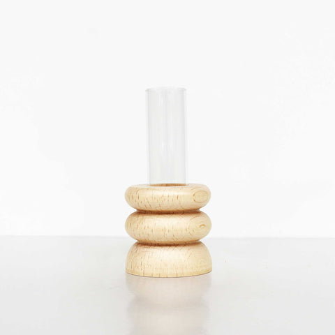 4. Studio shot of Totem Wooden Vase - Short Nº 1 by 5mm Paper showing beech wood base and glass tube