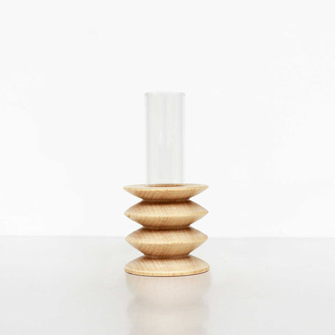 4. Studio product image of Totem Wooden Vase - Short Nº 2 by 5mm Paper, showing beech wood base and glass tube