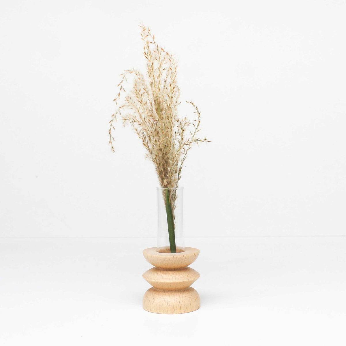 3. Totem Wooden Vase - Short Nº 3 by 5mm Paper with dried grass, highlighting beech wood base and glass tube