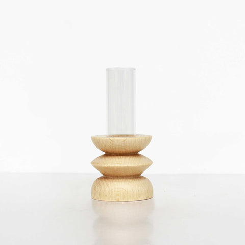 4. Studio shot of Totem Wooden Vase - Short Nº 3 by 5mm Paper, featuring beech wood base and removable glass tube