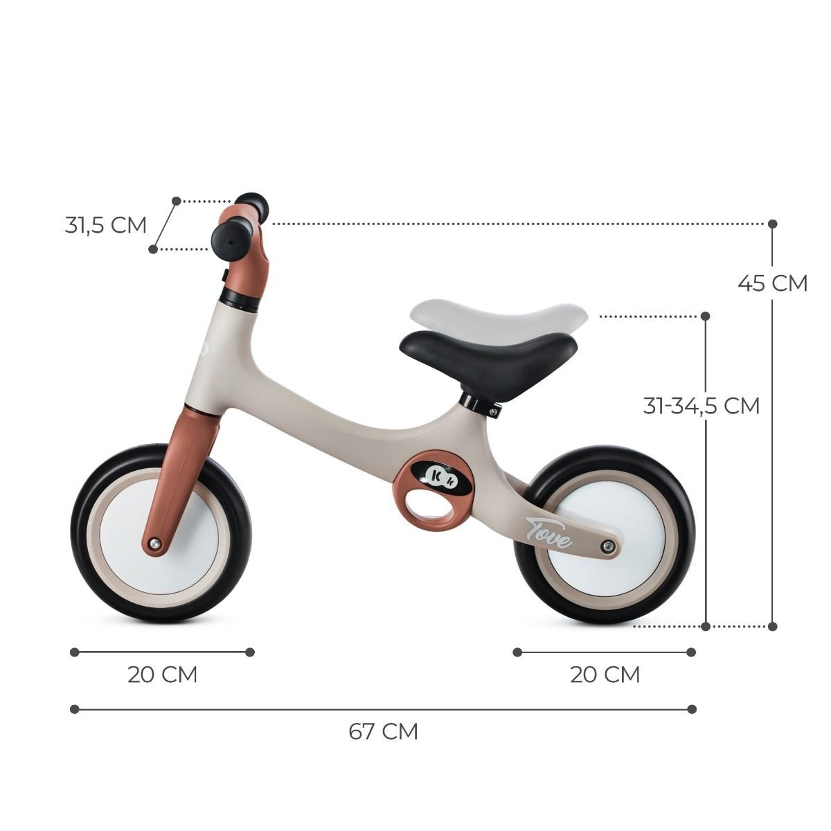 5. Size chart for Kinderkraft TOVE balance bike showing dimensions in centimeters