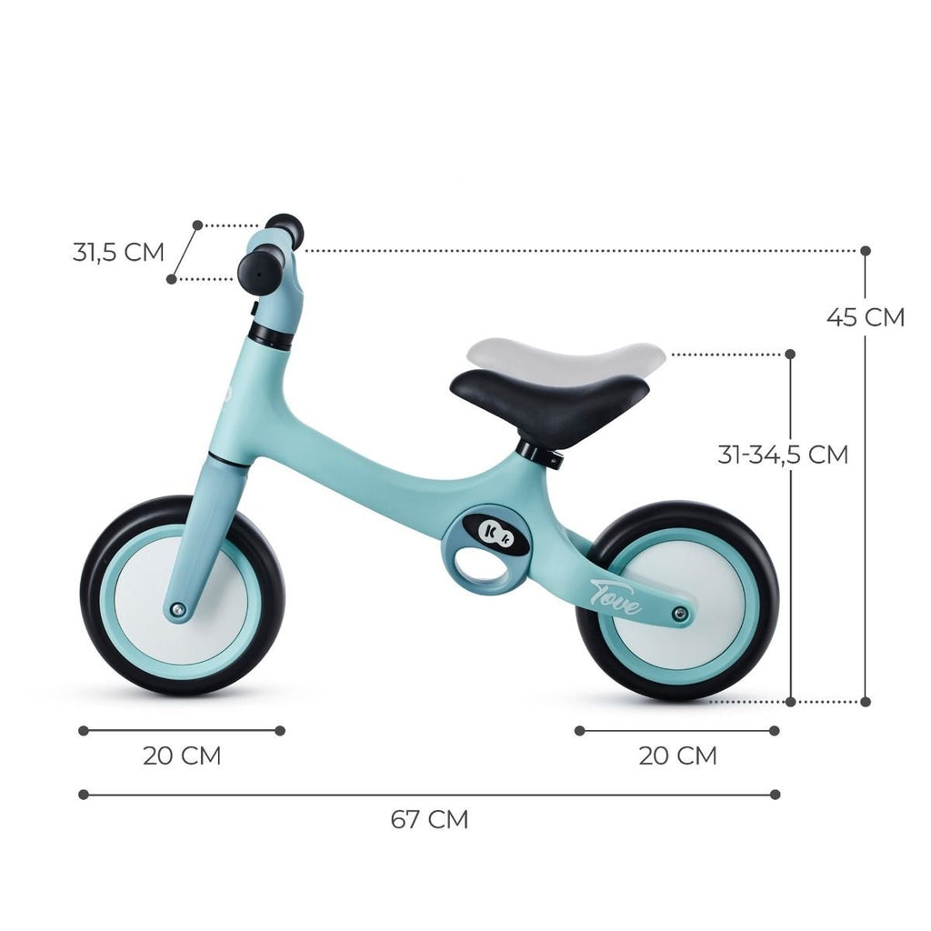 9. Size chart for Kinderkraft TOVE balance bike showing dimensions in centimeters