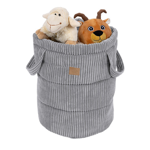 2. Grey corduroy toy storage basket filled with plush toys, featuring side handles and MeowBaby logo