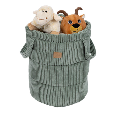 1. Olive green corduroy toy storage basket filled with plush toys, featuring side handles and MeowBaby logo