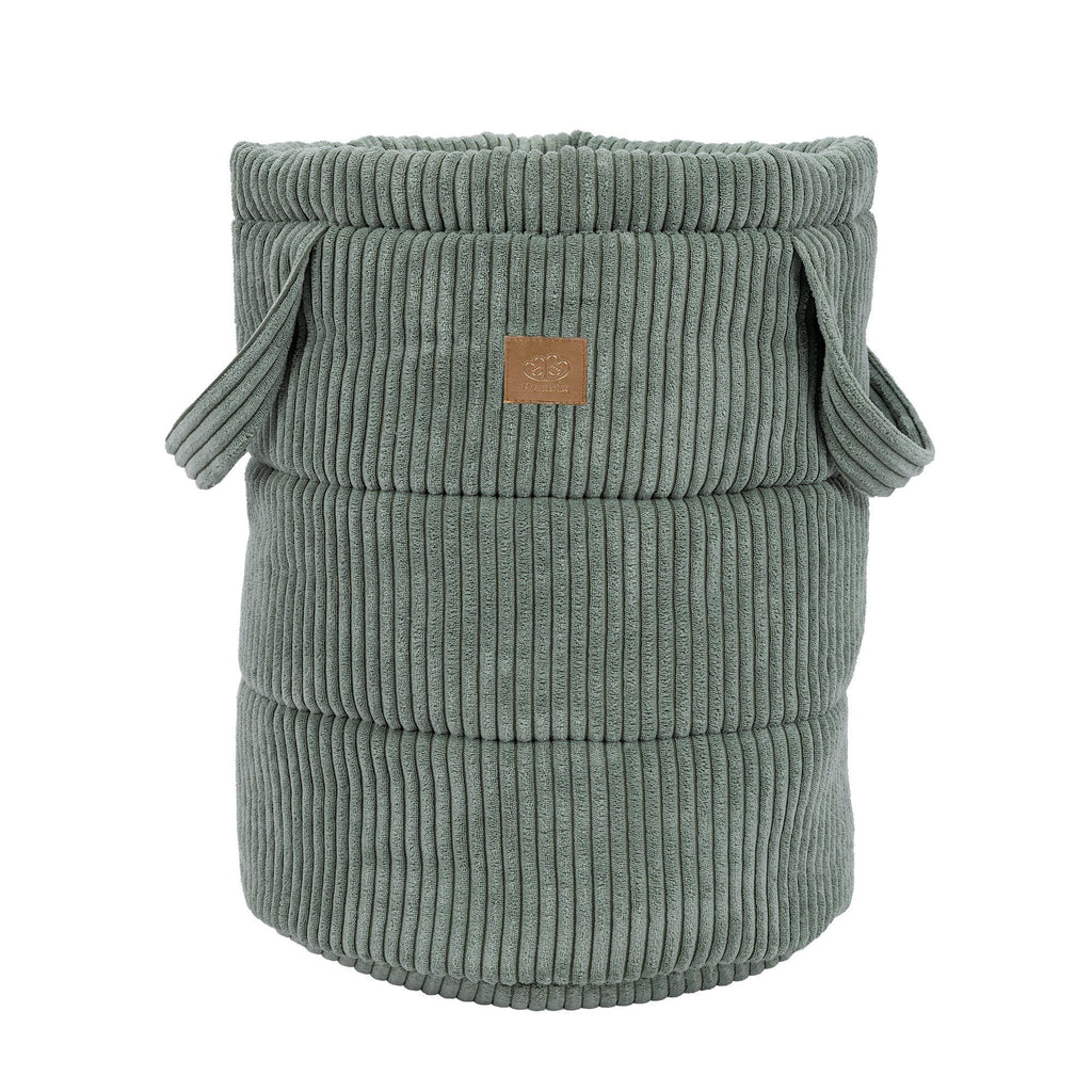2. Olive green corduroy toy storage basket with side handles and MeowBaby logo on clean white background
