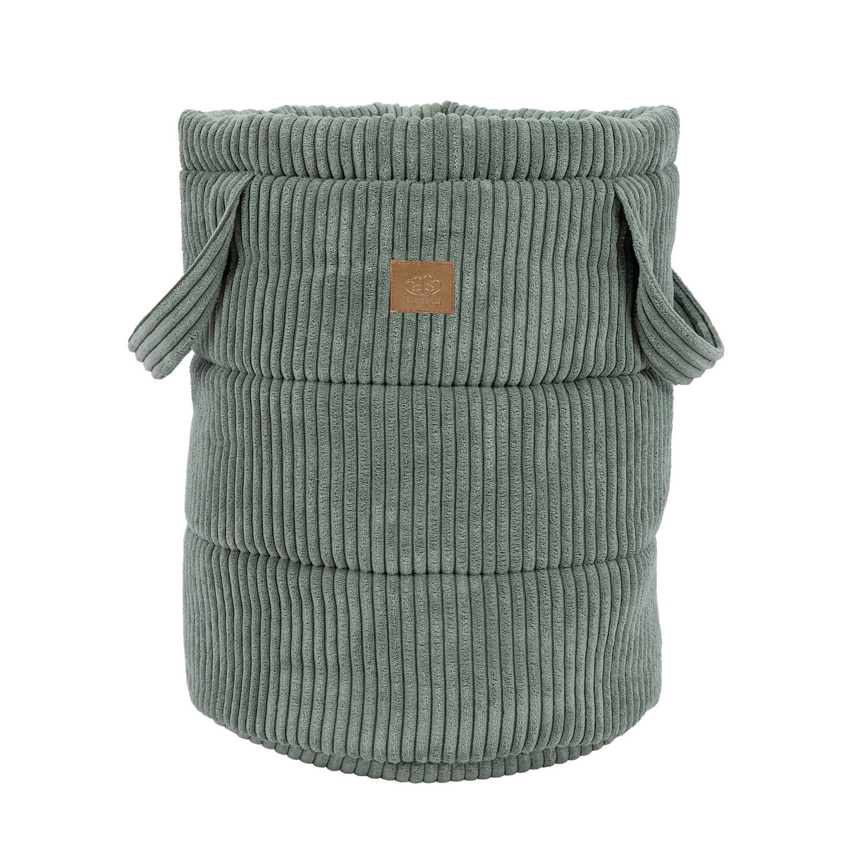 2. Olive green corduroy toy storage basket with side handles and MeowBaby logo on clean white background
