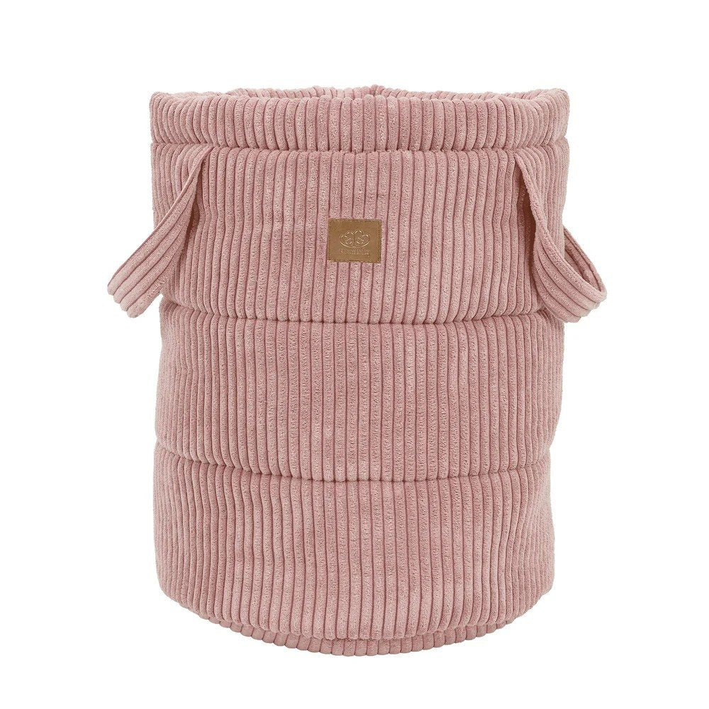 2. Powder pink corduroy toy storage basket with side handles and MeowBaby logo on white background