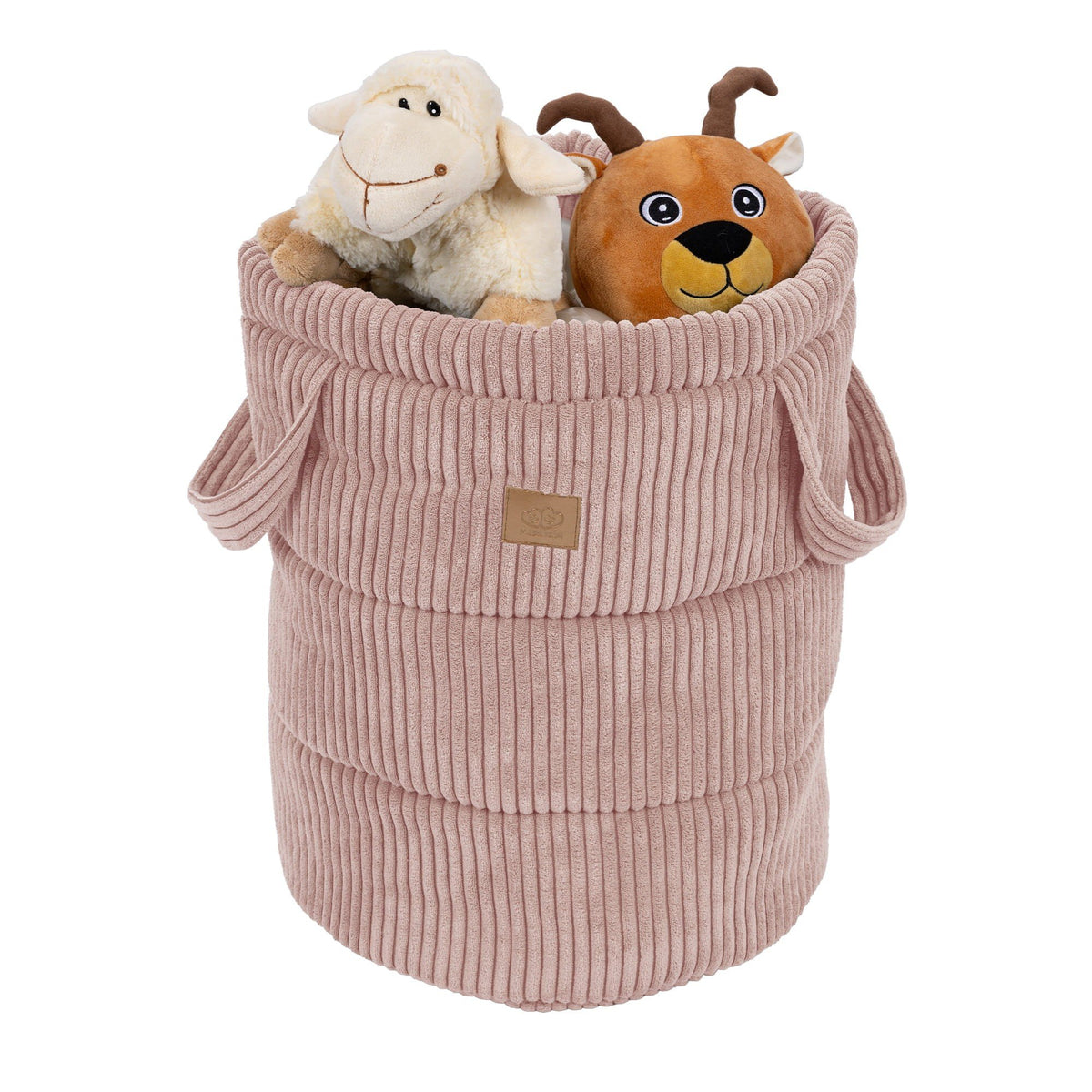 1. Powder pink corduroy toy storage basket filled with plush toys, featuring side handles and MeowBaby logo