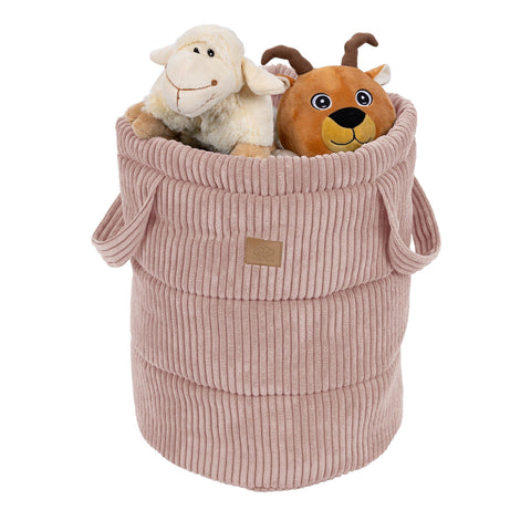1. Powder pink corduroy toy storage basket filled with plush toys, featuring side handles and MeowBaby logo