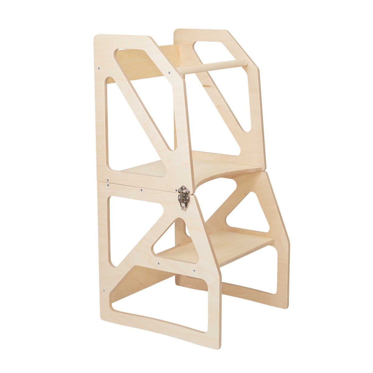 2. Natural birch plywood transformable kitchen tower with secure metal hinges and safety latches, shown in studio setting