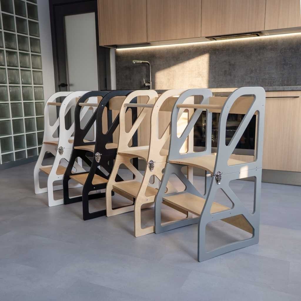 1. Row of transformable kitchen towers in white, black, natural, and gray colors in a modern kitchen setting