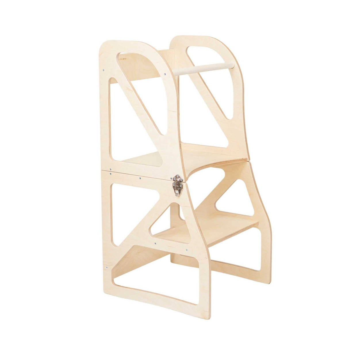 2. Natural birch plywood transformable kitchen tower with secure metal hinges and safety latches on a white background