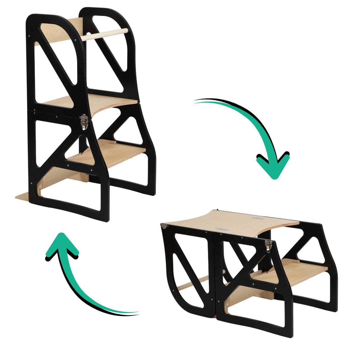 4. Black transformable kitchen tower shown in standing and folded positions with arrows indicating transformation