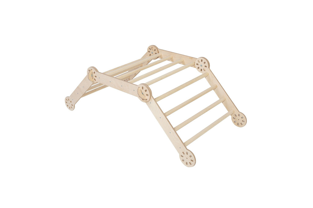 2. Studio shot of transformable Montessori climber in natural wood finish, shown in a folded position on a white background