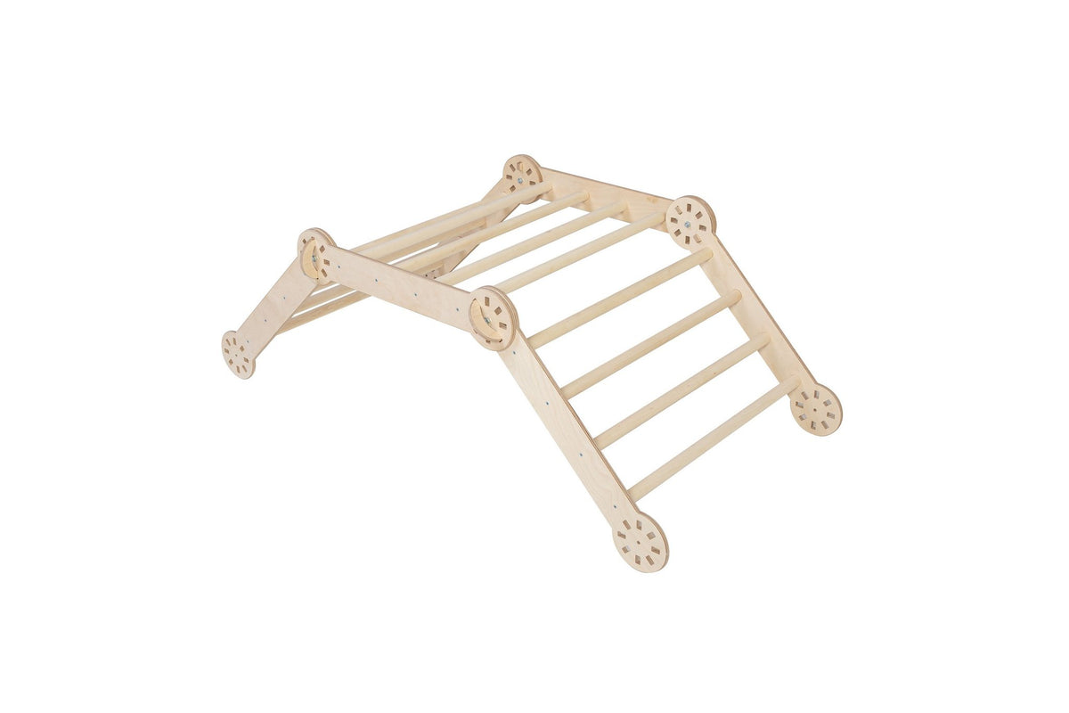 2. Studio shot of transformable Montessori climber in natural wood finish, shown in a folded position on a white background