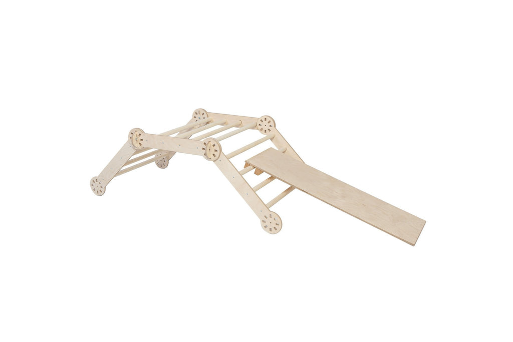 2. Studio shot of transformable Montessori climber in natural wood finish with an attached ramp, shown on a white background