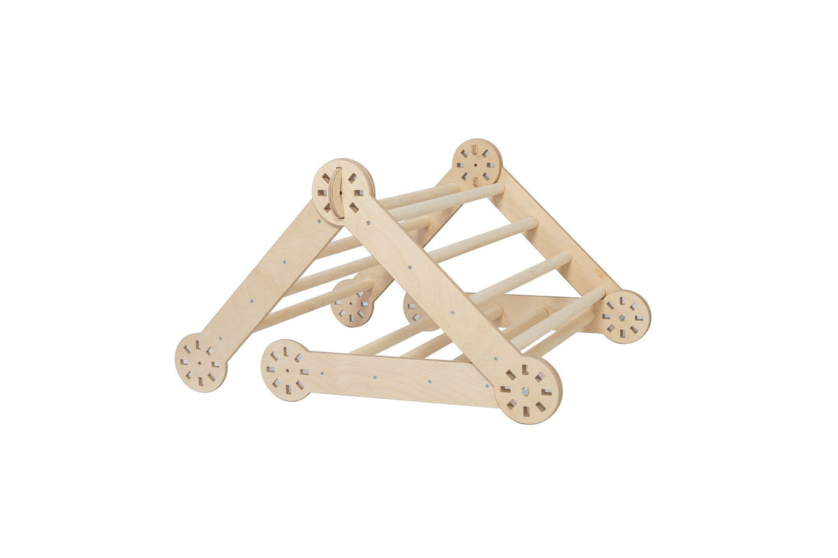 2. Studio shot of transformable Montessori climber in natural wood finish, shown in a compact position on a white background