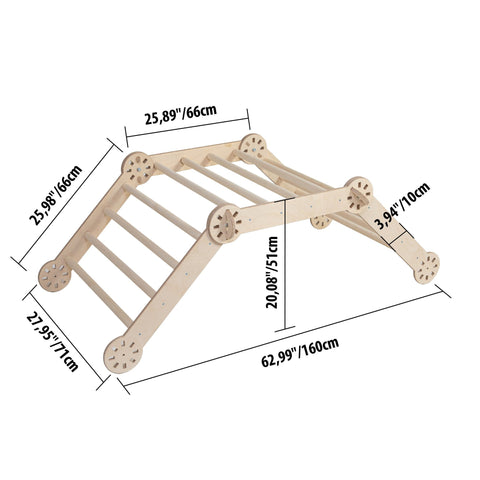 2. Studio shot of wooden Montessori climber with dimensions labeled in centimeters