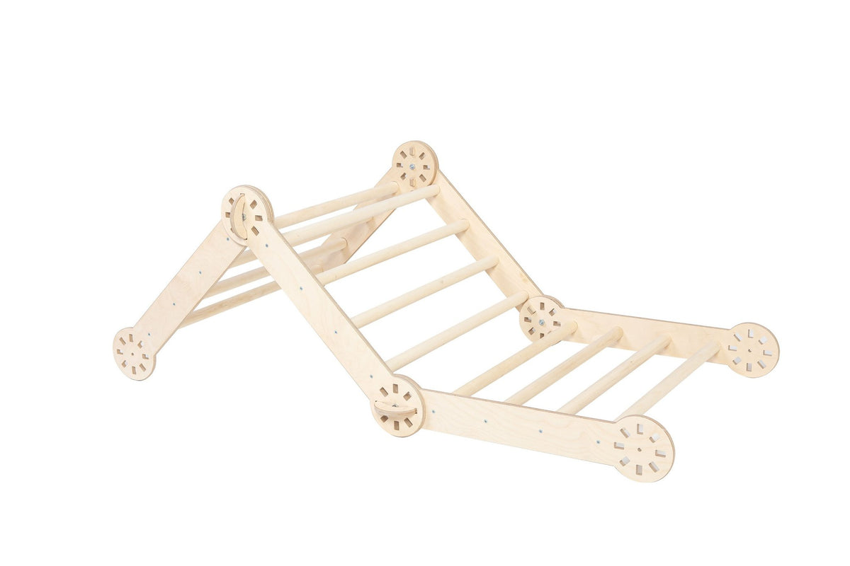 2. Studio shot of transformable Montessori climber in natural wood finish, shown in an open position on a white background