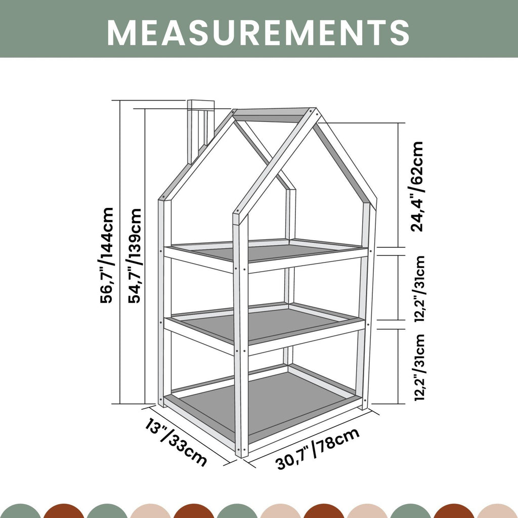 5. Size chart for house-shaped shelf showing dimensions in centimeters and inches