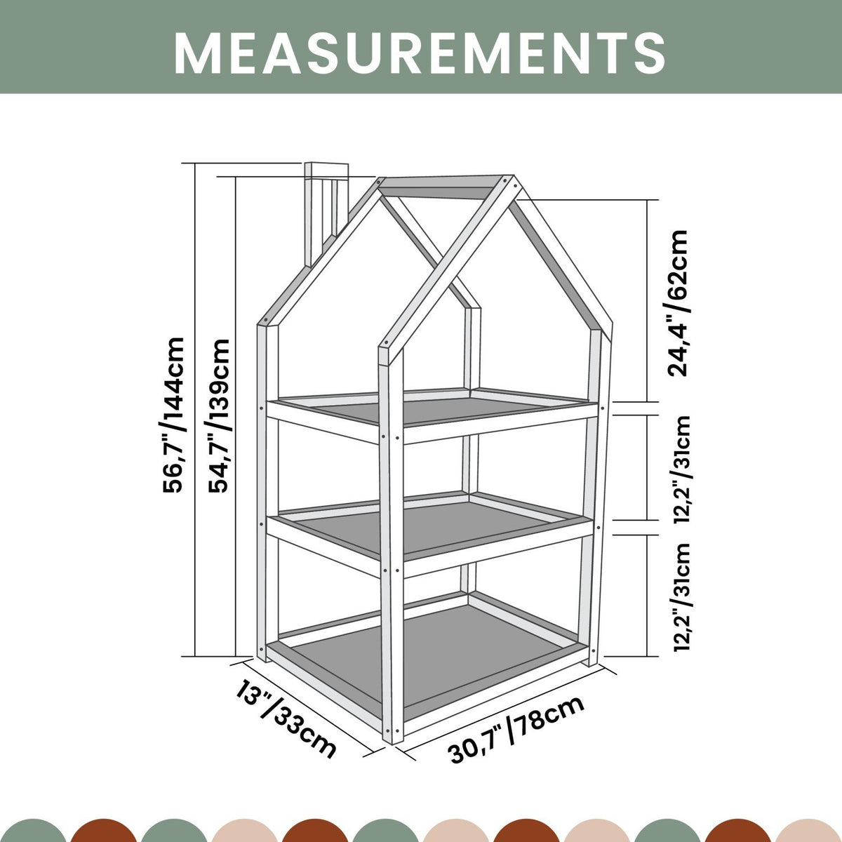 5. Size chart for house-shaped shelf showing dimensions in centimeters and inches