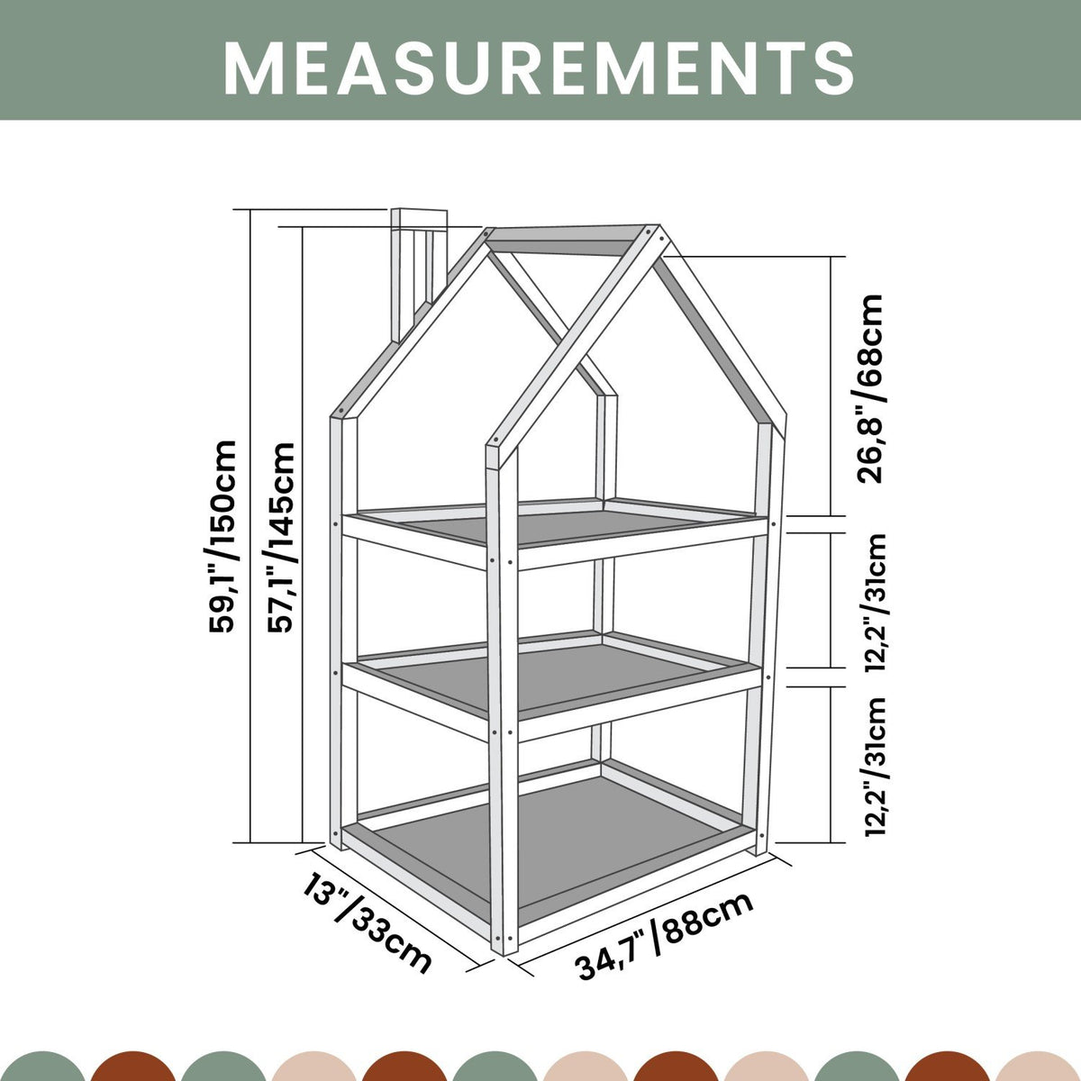 5. Size chart for house-shaped shelf showing detailed measurements