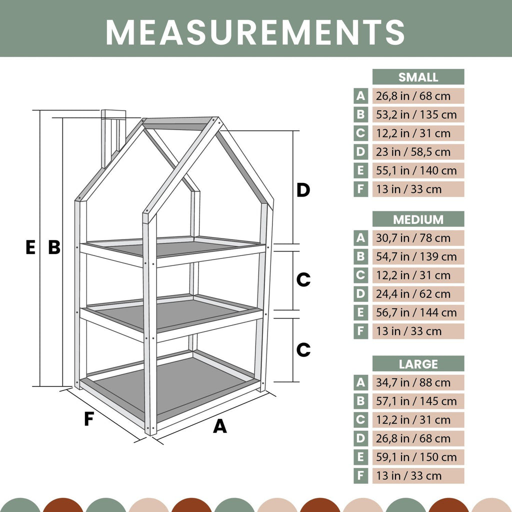 5. Size chart for house-shaped shelf with small, medium, and large dimensions