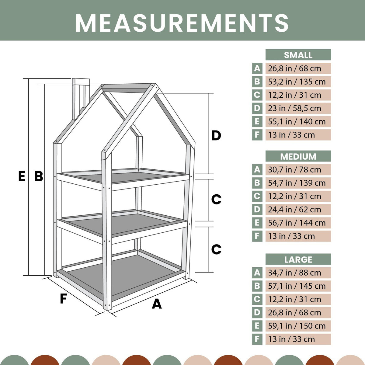 5. Size chart for house-shaped shelf with small, medium, and large dimensions